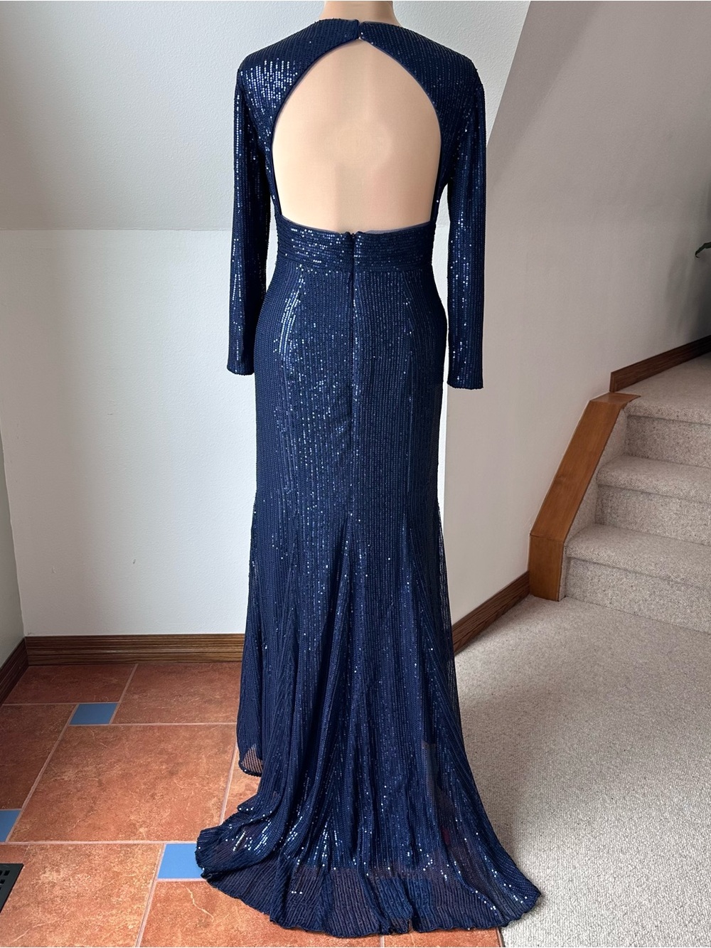 Sequin Gown Womens 16 Long Sleeve Open Back Formal Maxi Prom Mother of the Bride - Picture 8 of 15